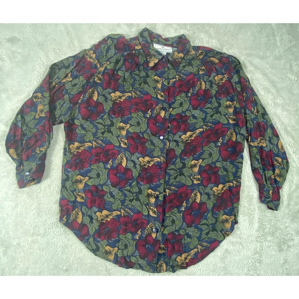 VTG Maggie Lawrence Shirt Women 14/16 Stretch Floral Long Sleeve Button AOP Y2K